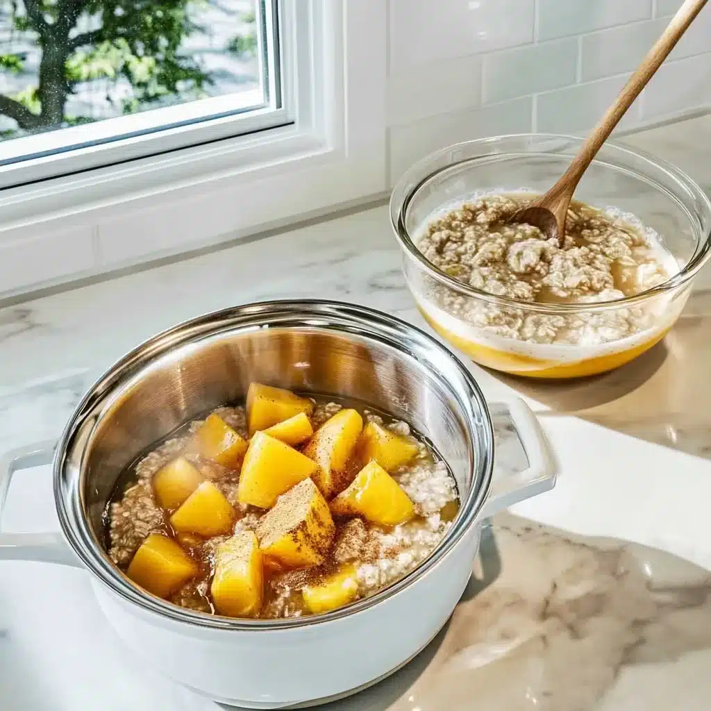 mixing peach pie overnight oats base