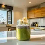served matcha oats with chia in mason jar