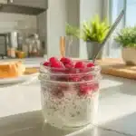 Silken tofu overnight oats topped with raspberries in a jar