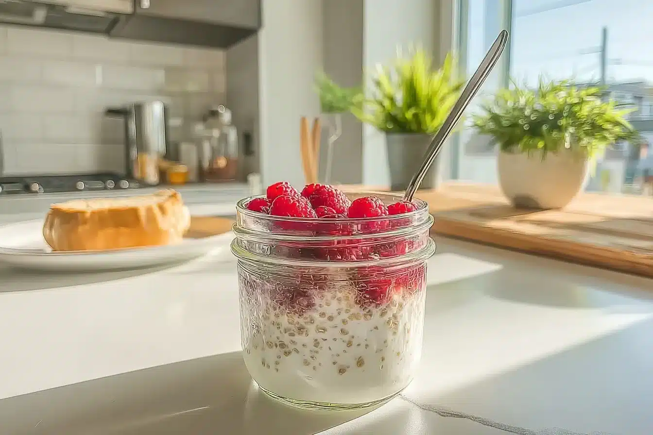 Silken tofu overnight oats topped with raspberries in a jar
