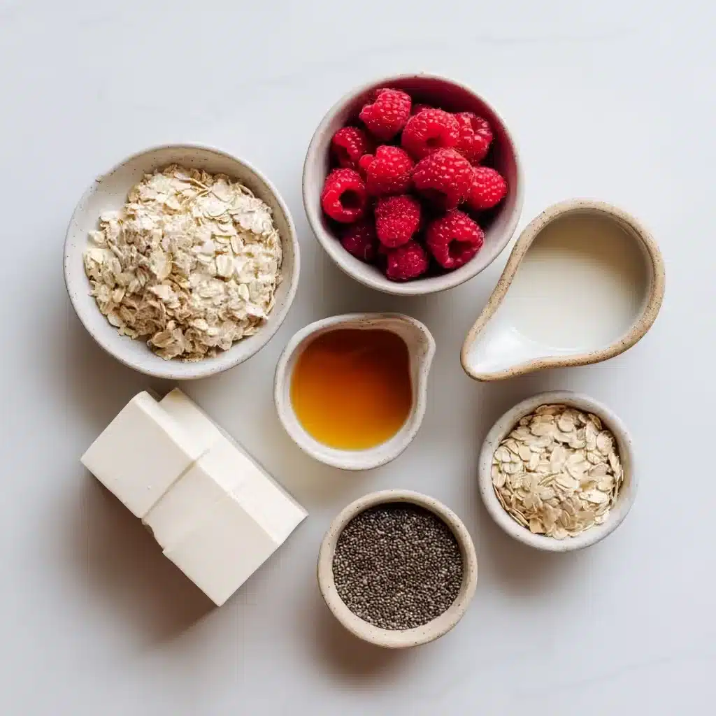 Ingredients for silken tofu overnight oats arranged on white background