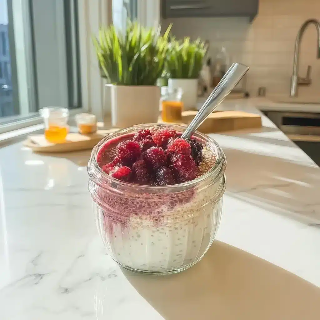 Served jar of silken tofu overnight oats with chia and raspberries