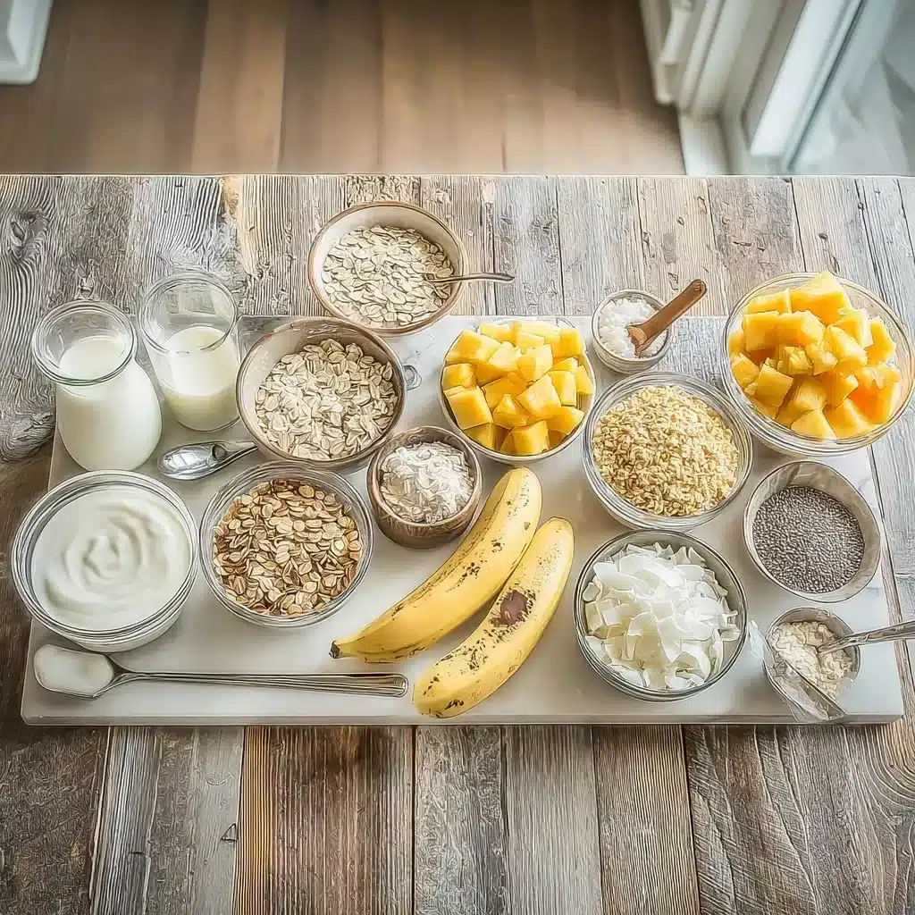 Sunkissed Tropical Overnight Oats ingredients displayed on a countertop