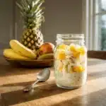 Serving Sunkissed Tropical Overnight Oats with fresh fruit