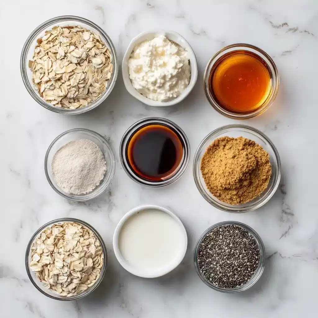 Ingredients for high protein coffee overnight oats laid out flat