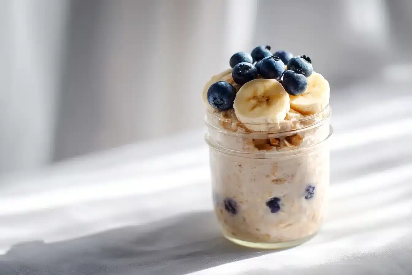 Glass jar of toddler overnight oats no added sugar, topped with banana slices and blueberries, on a white tabletop bathed in soft morning light.