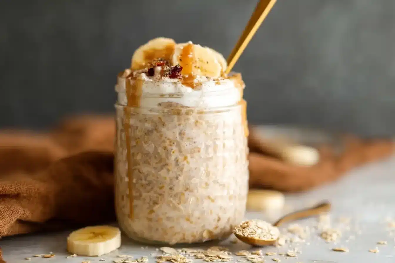 Banana bread mush overnight oats in a jar on rustic kitchen counter
