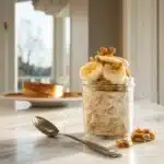 Served banana bread mush overnight oats topped with banana and walnuts