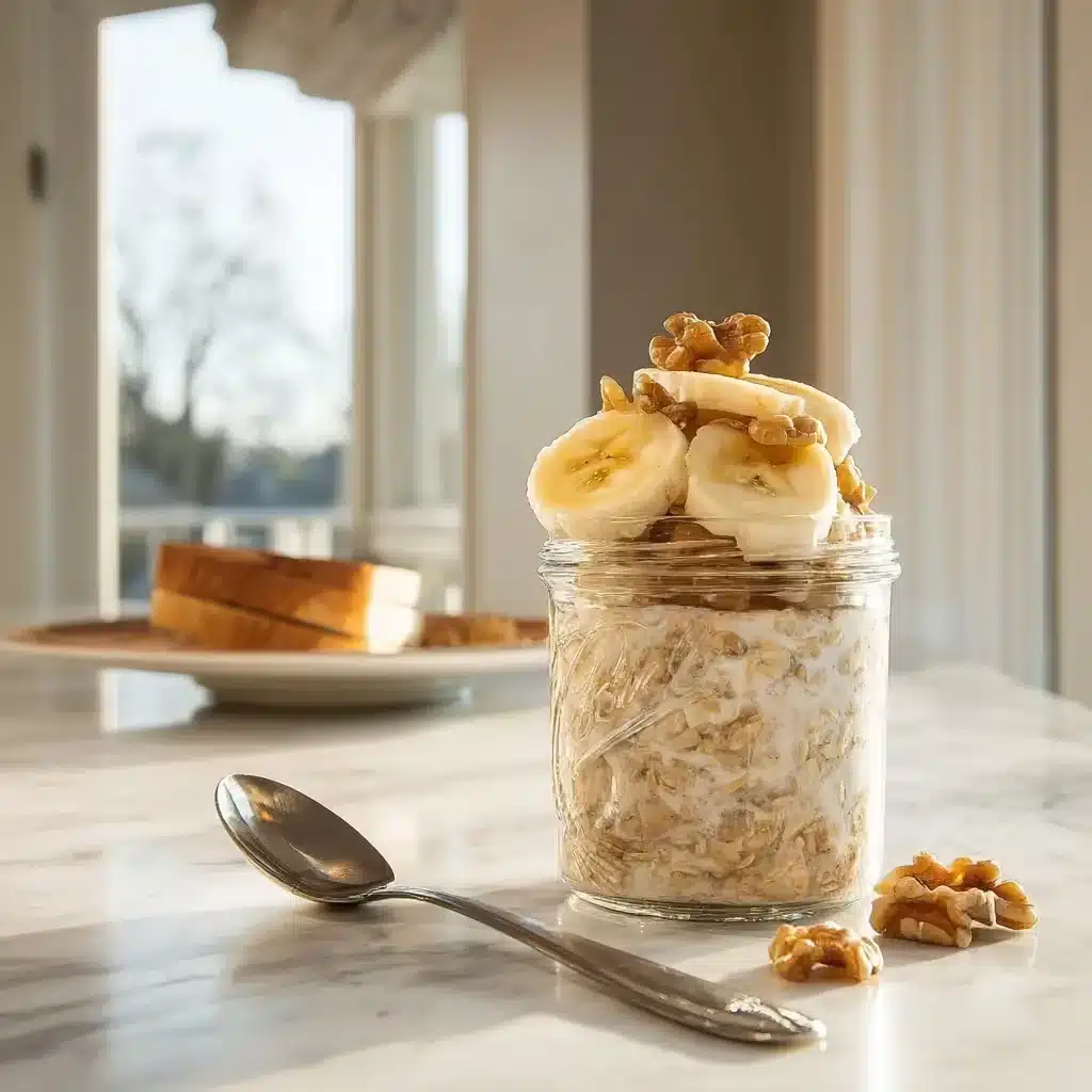 Served banana bread mush overnight oats topped with banana and walnuts