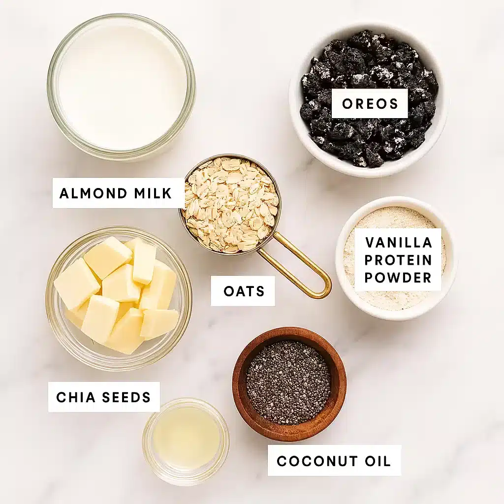 cookies and cream overnight oats ingredients flatlay