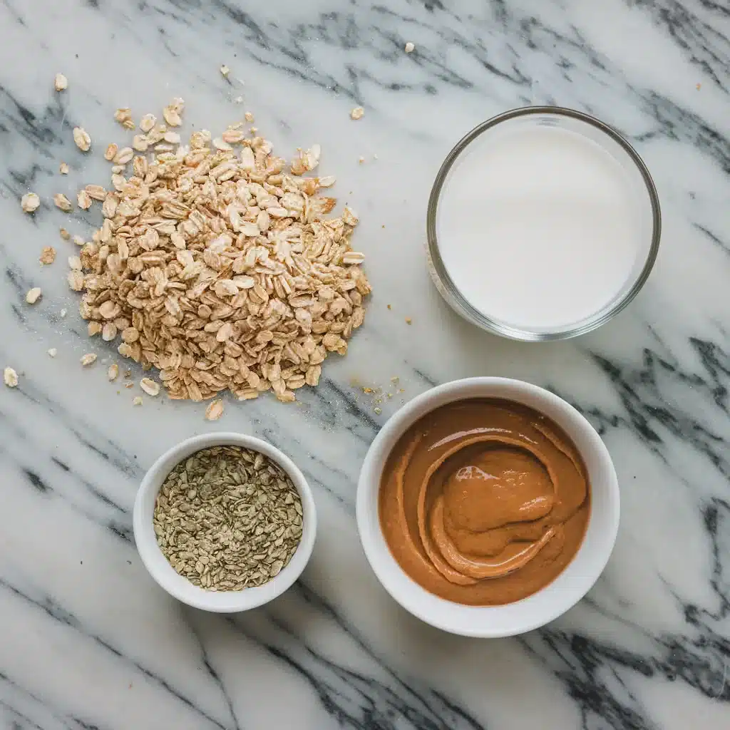 Flat lay of oat bran overnight oats ingredients including oat bran, soy milk, almond butter, and hemp seeds.