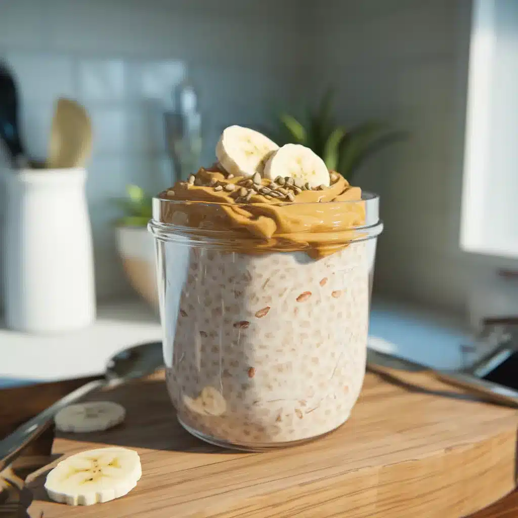 A clear glass jar of oat bran overnight oats topped with almond butter, banana slices, and hemp seeds, placed in a bright white kitchen setting.