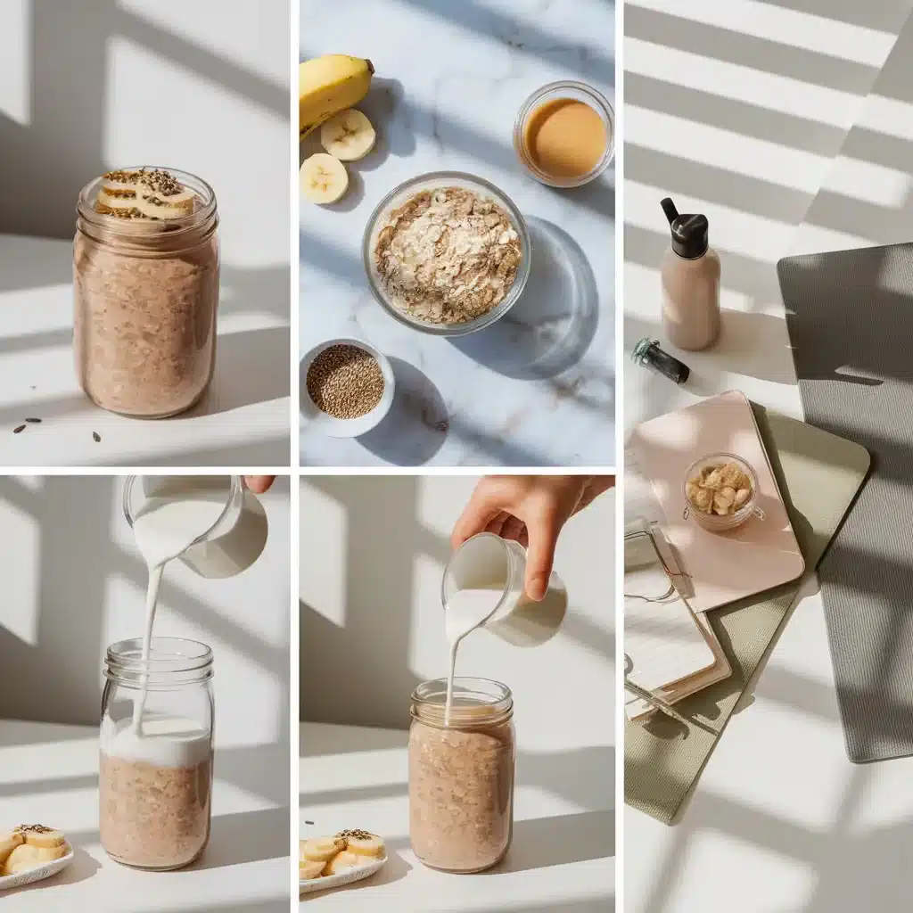 Hand pouring soy milk into a jar of oat bran while prepping overnight oats.