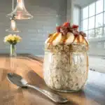 elvis overnight oats in mason jar with banana and peanut butter