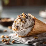 Ice cream overnight oats in a cone with toppings