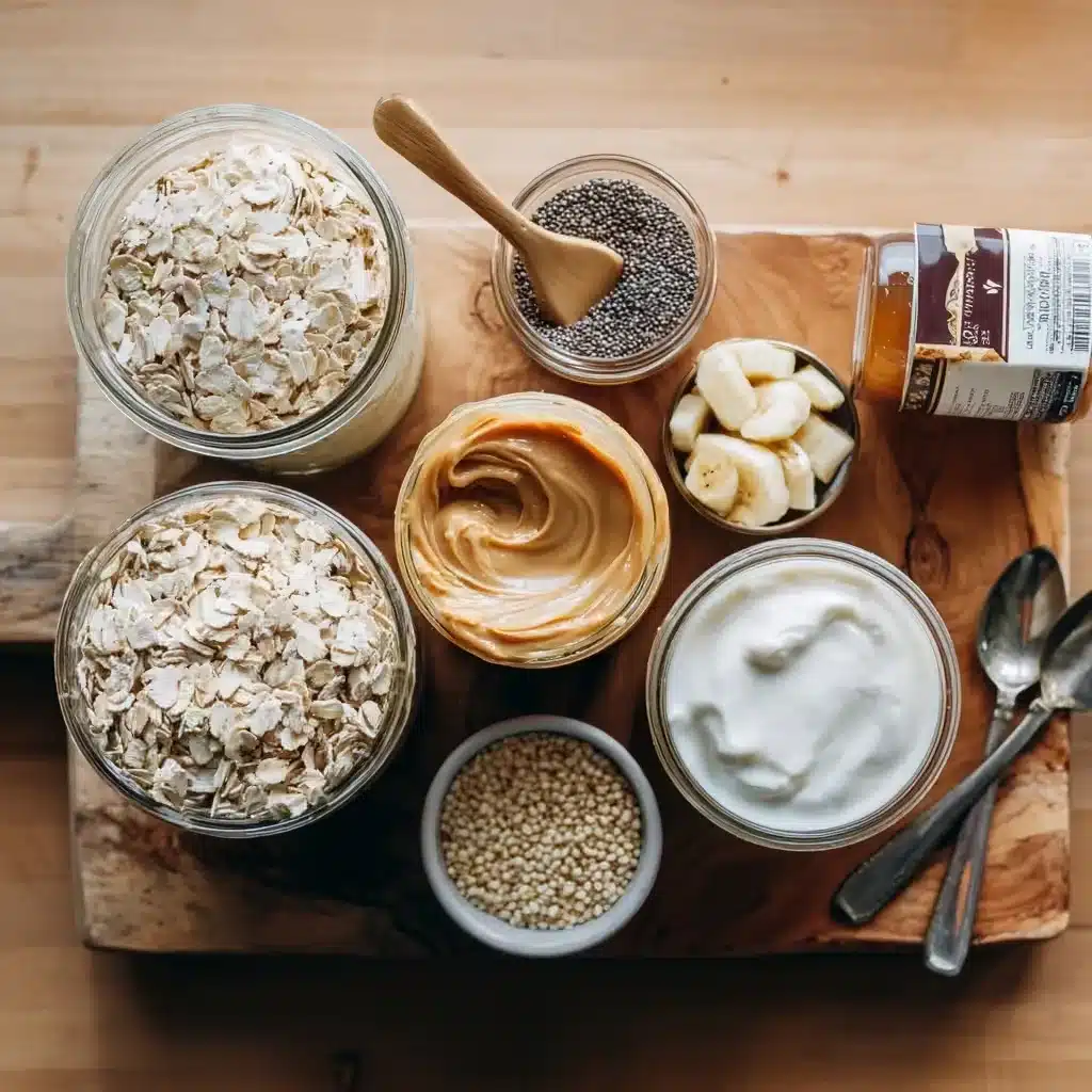 Ingredients for making overnight oats in a peanut butter jar