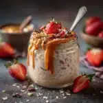 Magic shell overnight oats in a jar with cracked chocolate top
