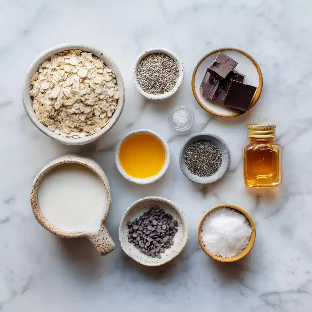 Ingredients for magic shell overnight oats on marble surface