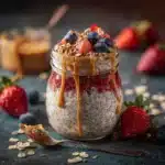 Spoon cracking into chocolate shell on magic shell overnight oats