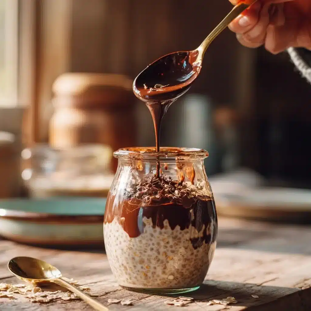 Pouring melted chocolate shell over overnight oats