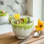 Matcha overnight oats in a jar with blueberries