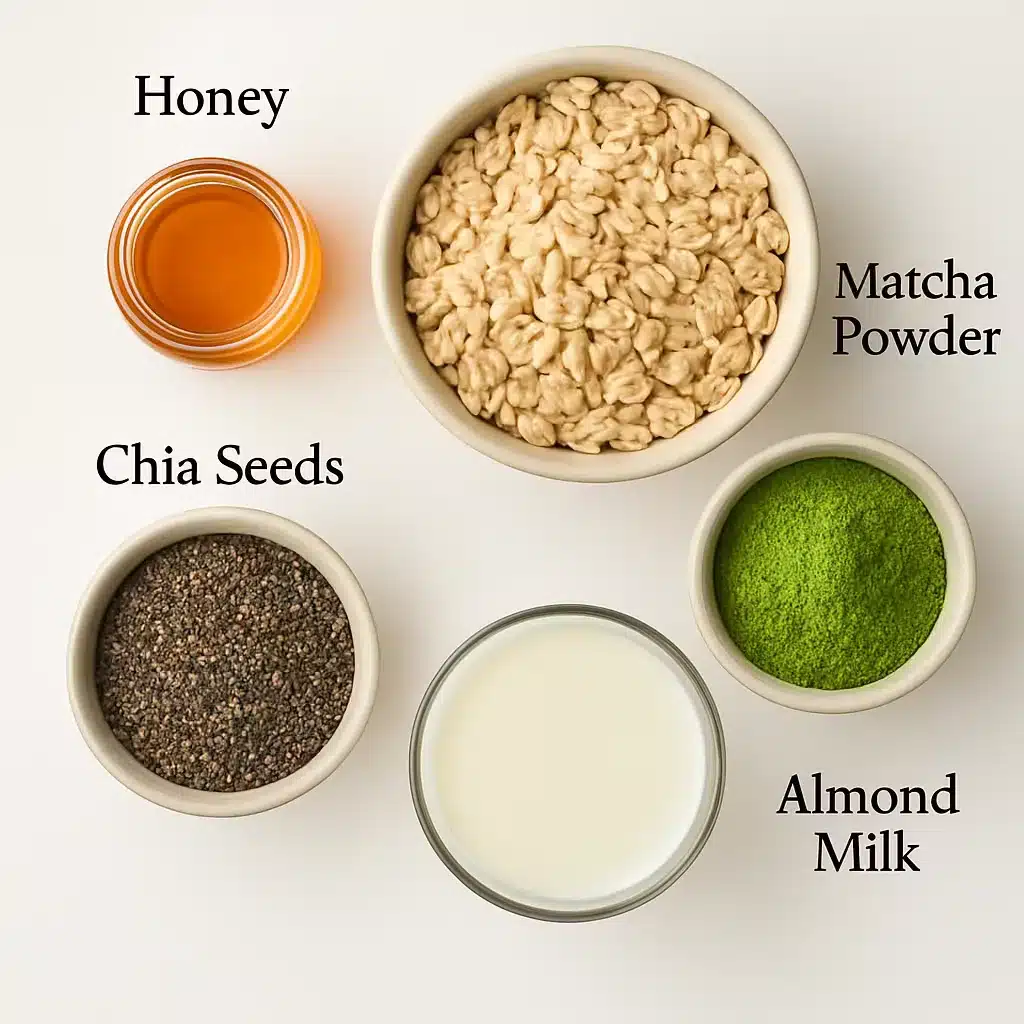 Ingredients for matcha overnight oats on wood