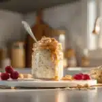 Overnight oats in a peanut butter jar on a mountain porch at sunrise