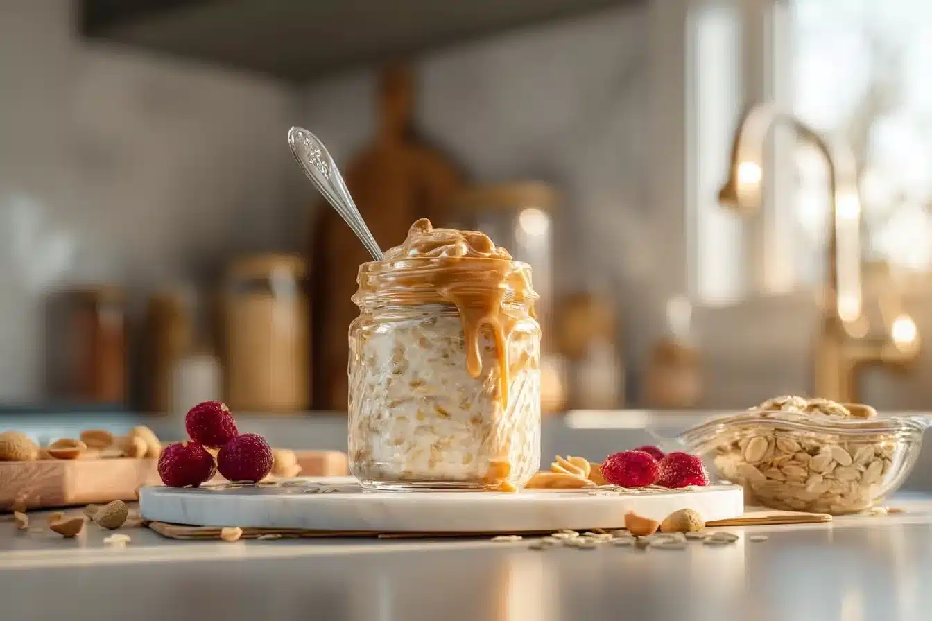 Overnight oats in a peanut butter jar on a mountain porch at sunrise