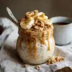 Overnight oats in peanut butter jar served with toppings and coffee