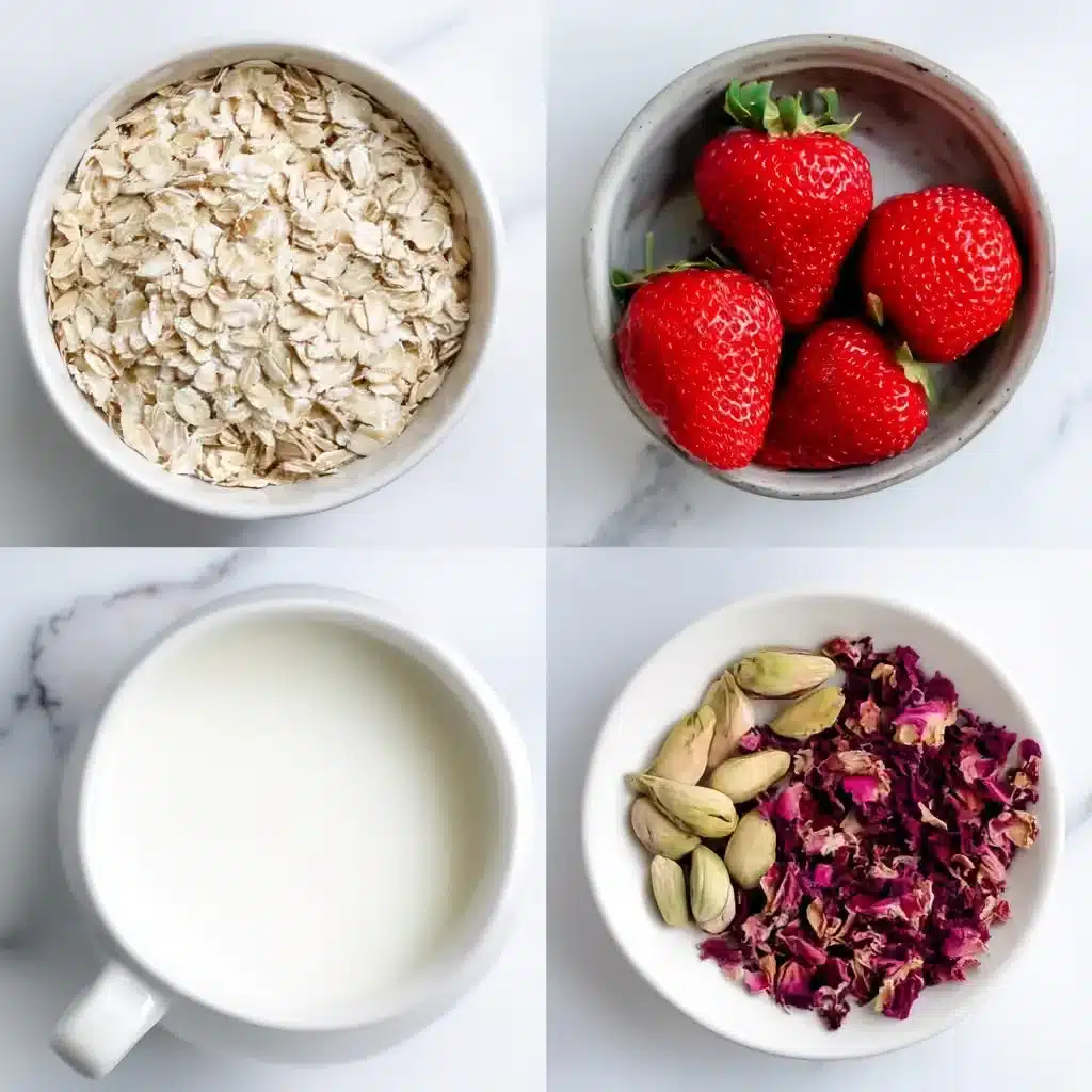 Ingredients for Rooh Afza overnight oats on wooden table