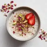 Rooh Afza overnight oats with pistachios and rose petals