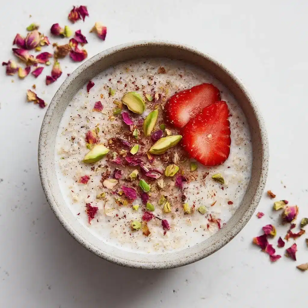 Rooh Afza overnight oats with pistachios and rose petals