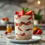 Creamy Strawberry Cheesecake Blended Overnight Oats in a jar with fresh strawberries and granola crumbs—easy no-cook breakfast recipe.