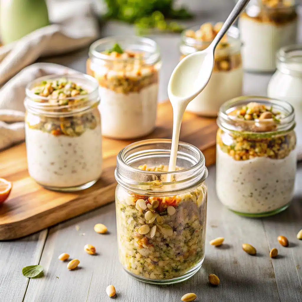 Layering Baklava Overnight Oats with yogurt, oats, and nut topping
