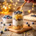 Blueberry muffin overnight oats layered in a jar with creamy drizzle