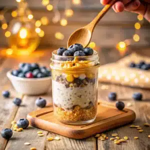 Blueberry muffin overnight oats layered in a jar with creamy drizzle