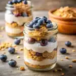 Layering crushed toppings on blueberry muffin overnight oats