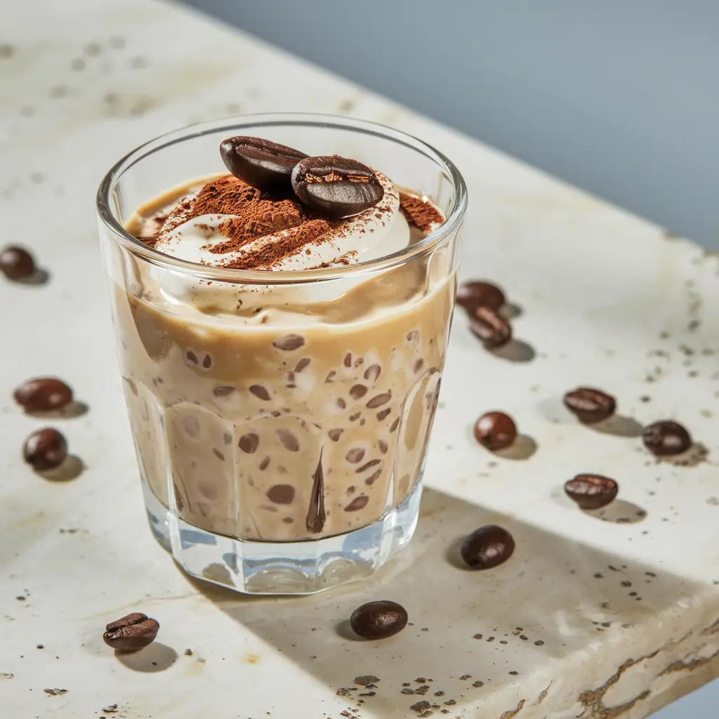 Spoon lifting creamy coffee overnight oats, chocolate shavings and espresso bean on top” Title: Coffee Overnight Oats – First Bite