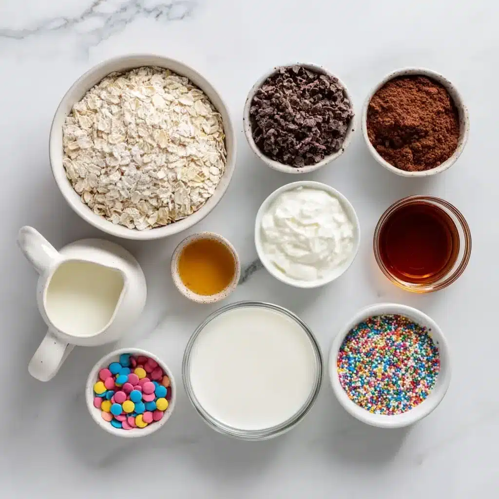 Ingredients for cosmic brownie overnight oats flat lay
