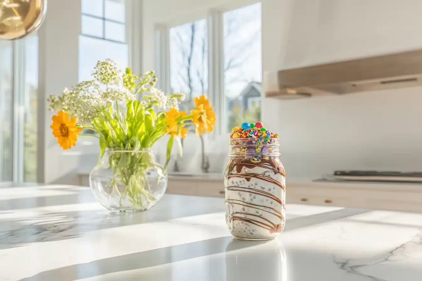 Cosmic brownie overnight oats in mason jar with rainbow chips