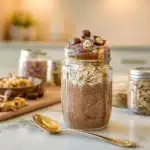 Served cosmic brownie overnight oats in spoon and jar