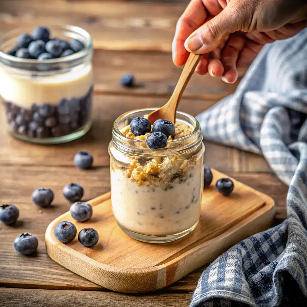 Stirring blueberry muffin overnight oats mixture in a jar
