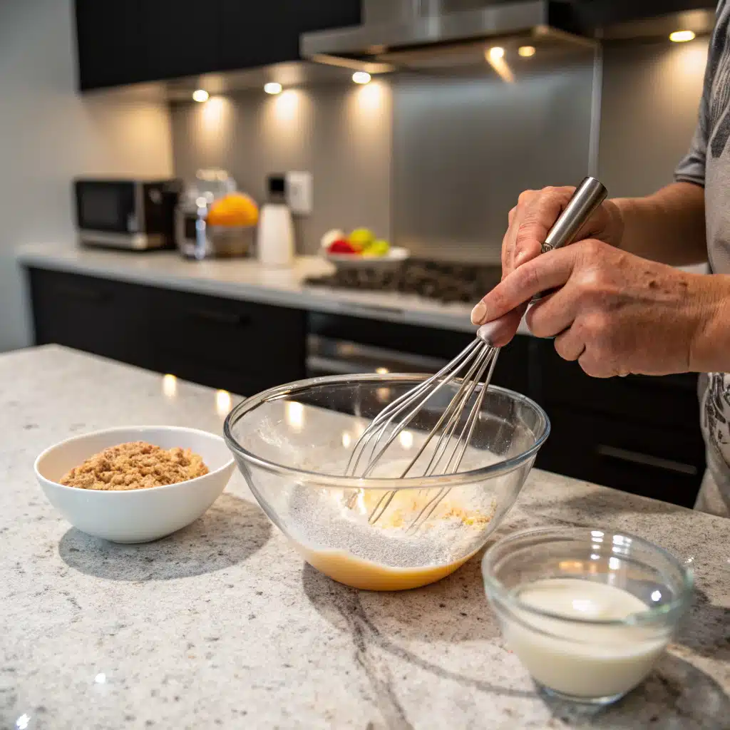 Whisking egg whites and milk in modern kitchen