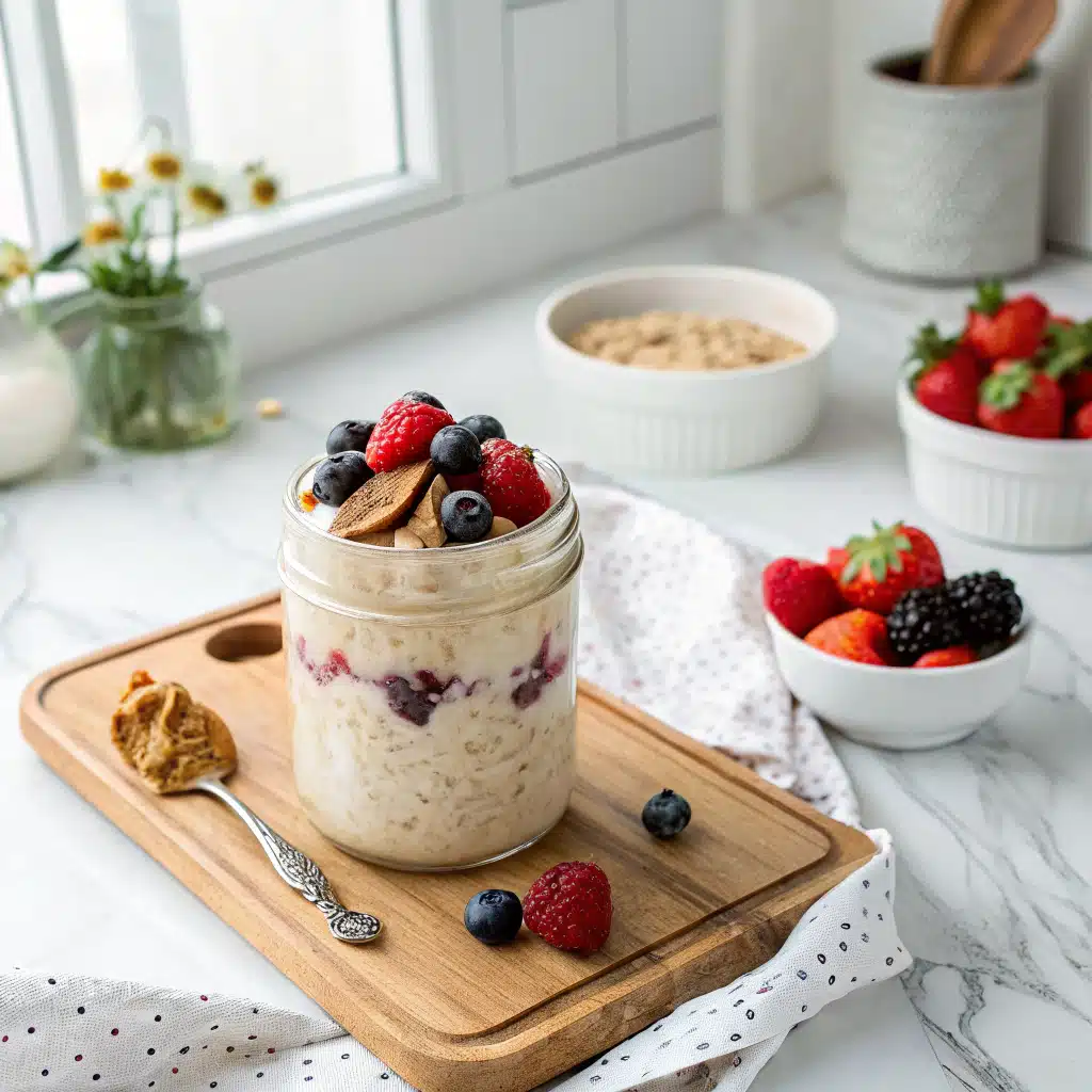 Served egg white overnight oats with toppings