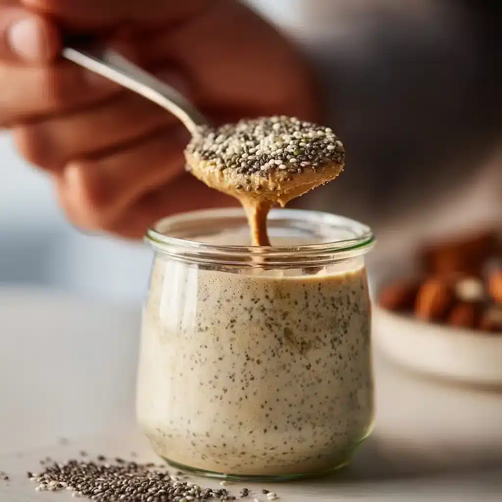 Stirring keto overnight no-oats with hemp hearts