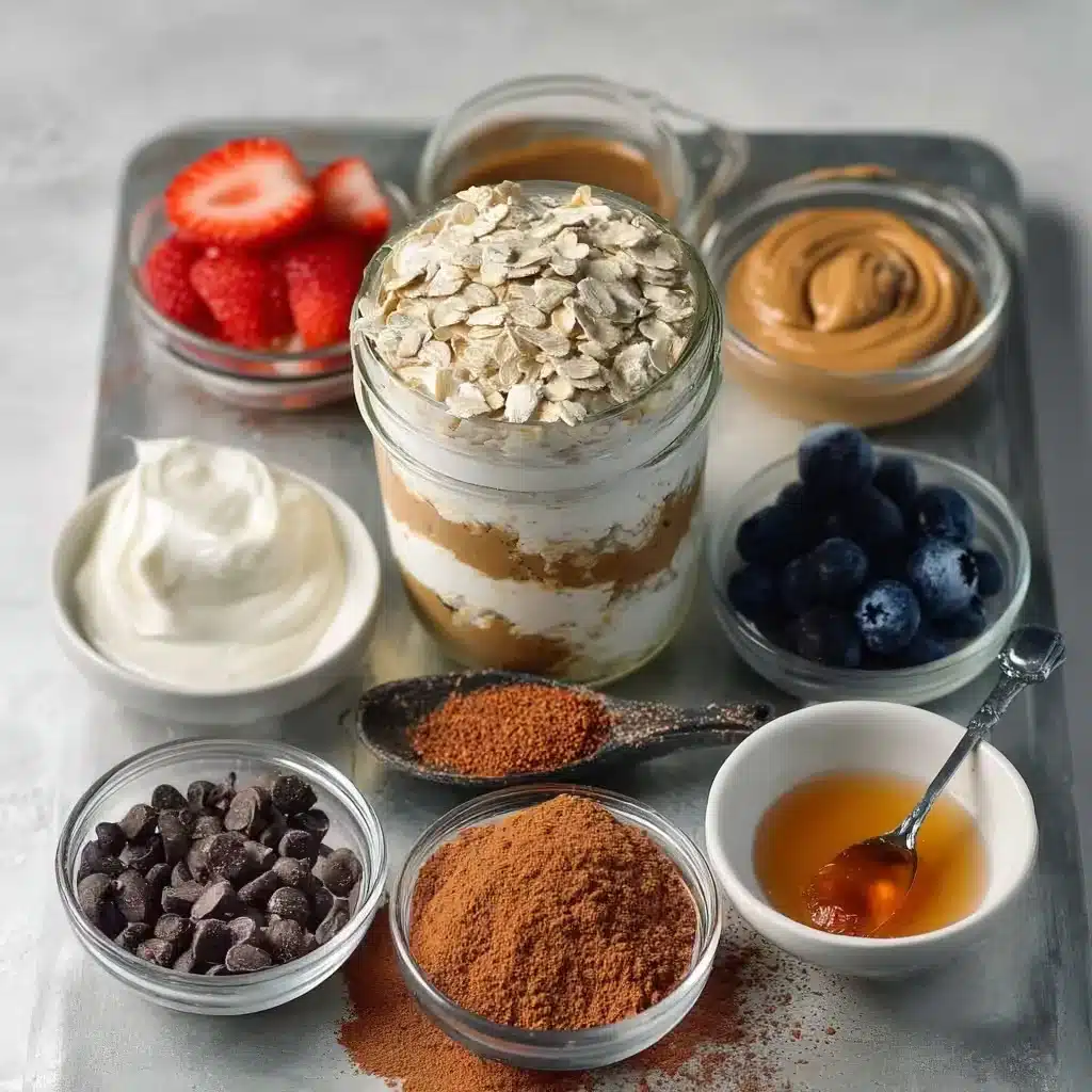 Ingredients for low calorie high protein overnight oats on marble