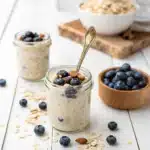 Overnight oats with instant oatmeal in a glass jar with banana and chia seeds