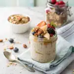 Served jar of overnight oats with instant oatmeal topped with fruit and granola