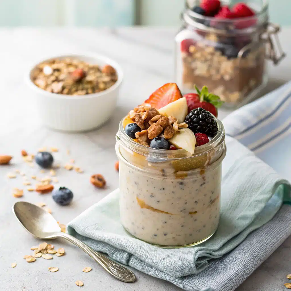 Served jar of overnight oats with instant oatmeal topped with fruit and granola