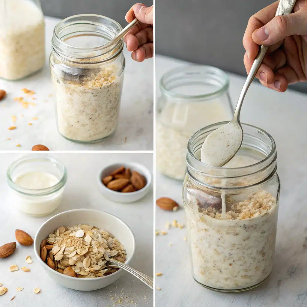 Stirring instant oatmeal and milk in a jar for overnight oats